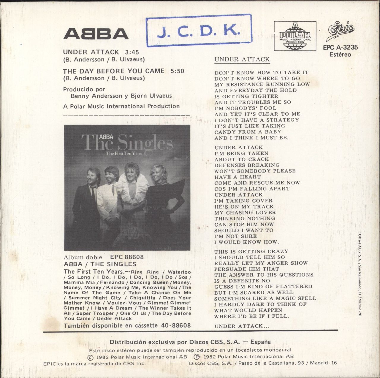Abba Under Attack Spanish 7" vinyl single (7 inch record / 45)