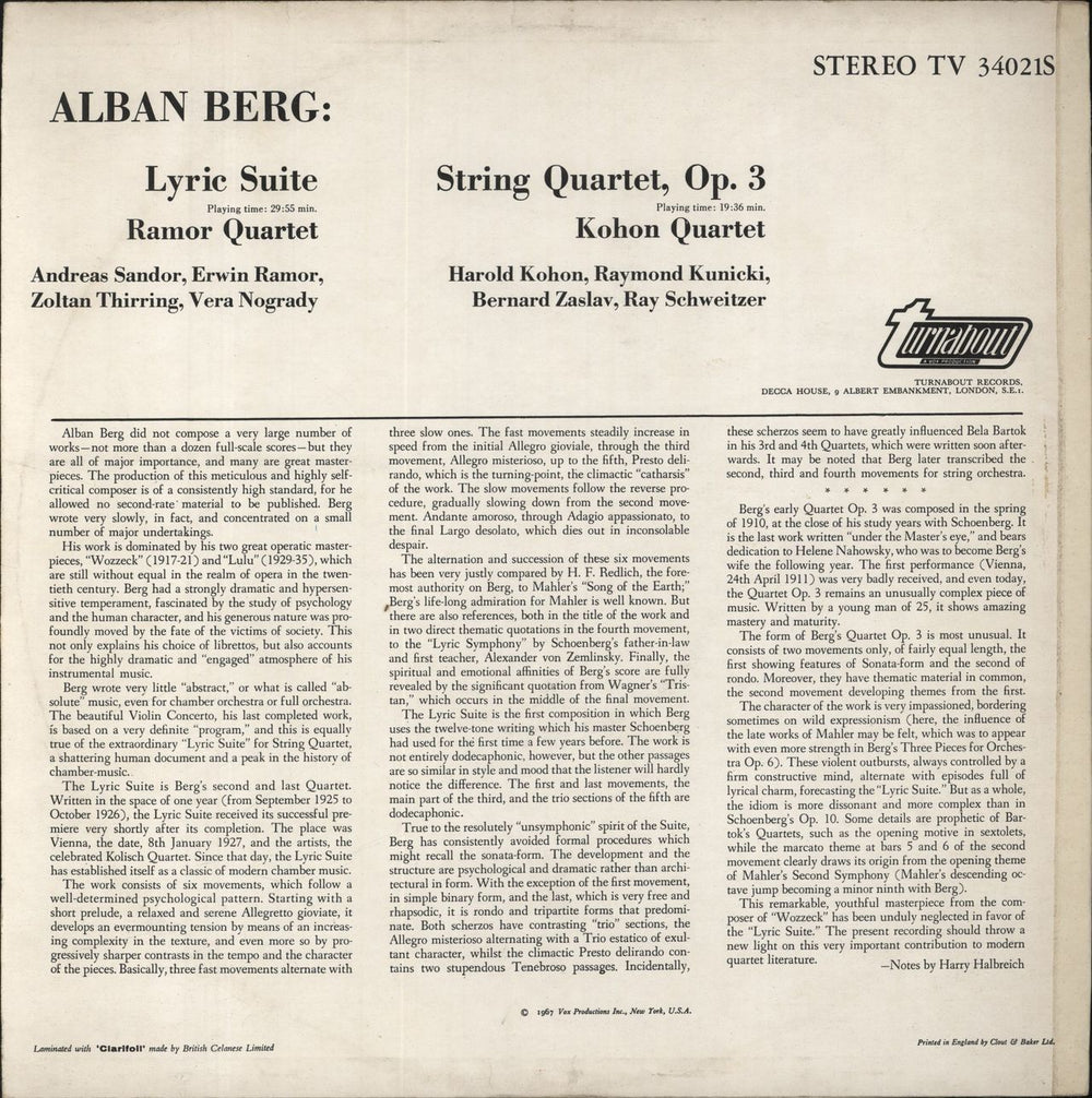 Alban Berg Berg: Lyric Suite For String Quartet ; String Quartet, Op. 3 UK vinyl LP album (LP record) A5ZLPBE841302