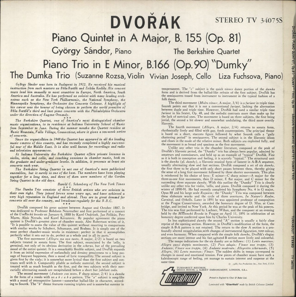 Antonín Dvorák Dvorák: Piano Quintet In A Major, B.155 / Piano Trio In E Minor, B.166 ("Dumky") UK vinyl LP album (LP record)