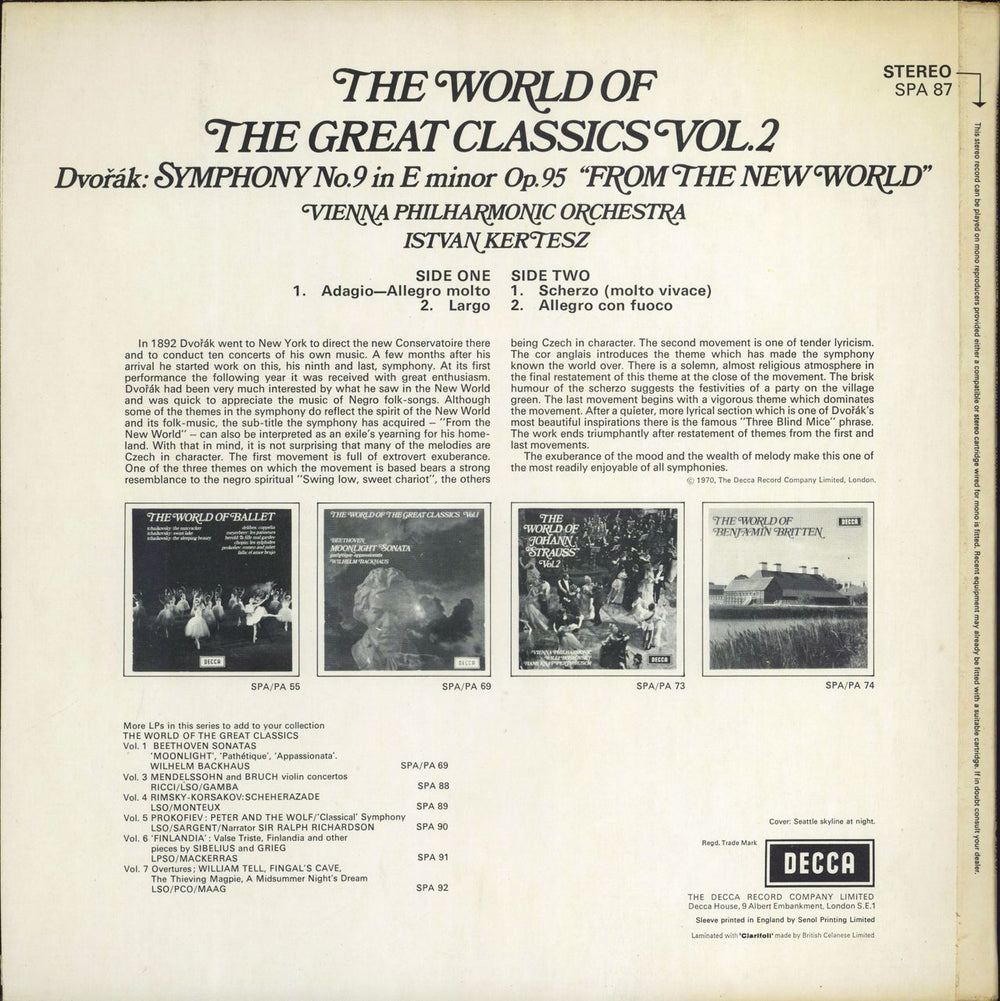 Antonín Dvorák New World Symphony UK vinyl LP album (LP record)