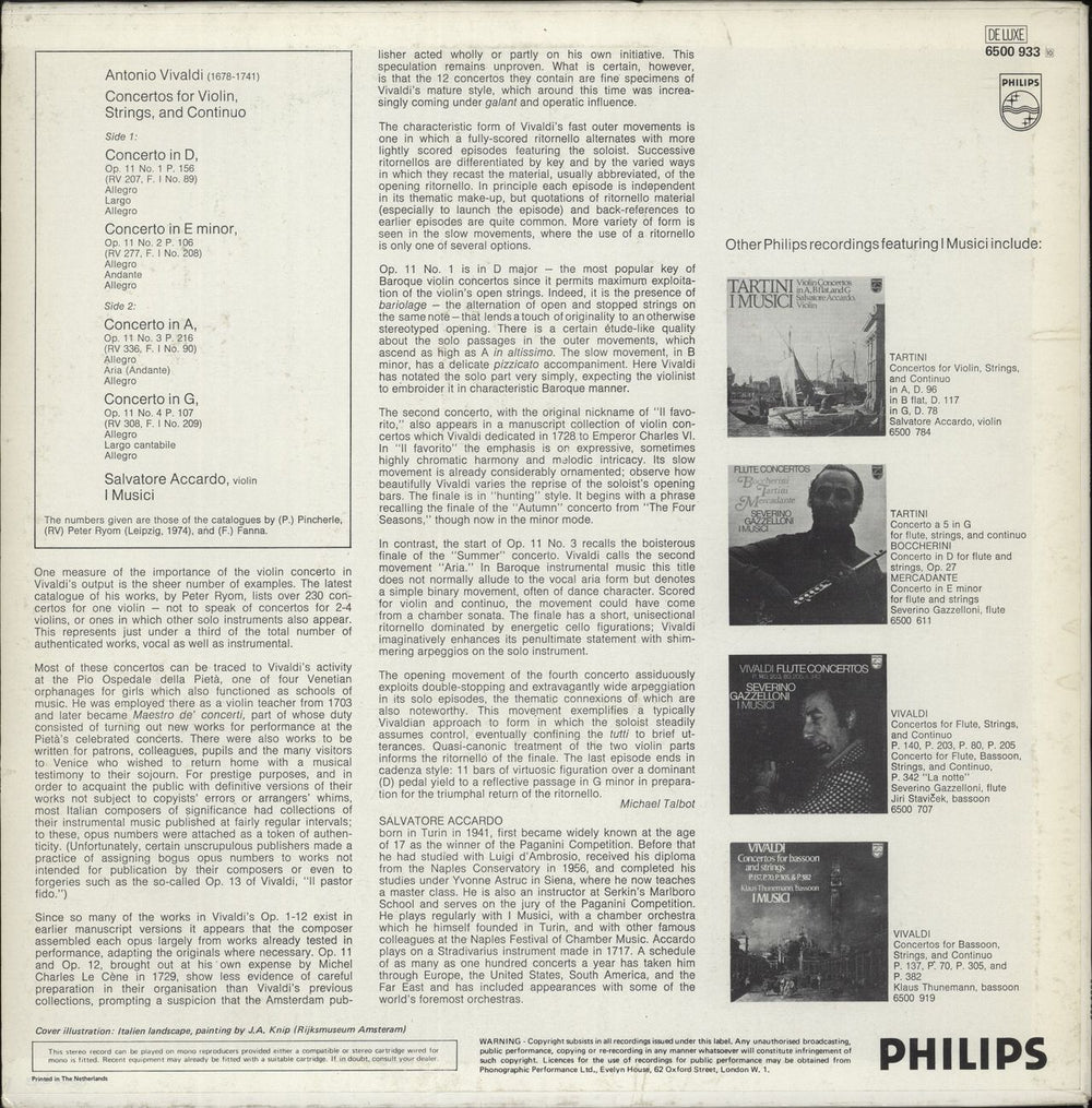 Antonio Vivaldi Concertos, Op.11 Nos. 1-4 Including "Il Favorito" - White Label Test Pressing Dutch Promo vinyl LP album (LP record)