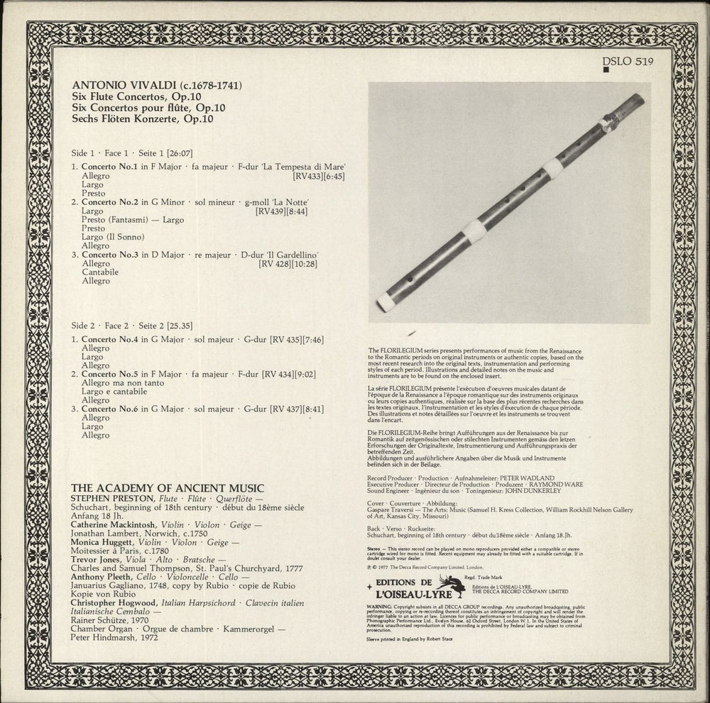 Antonio Vivaldi Six Flute Concertos, Op. 10 UK vinyl LP album (LP record)