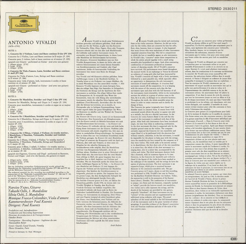 Antonio Vivaldi Vivaldi: Sämtliche Konzerte Für Laute (Gitarre) & Mandoline (=The Complete Concertos For Luth (Guita German vinyl LP album (LP record)