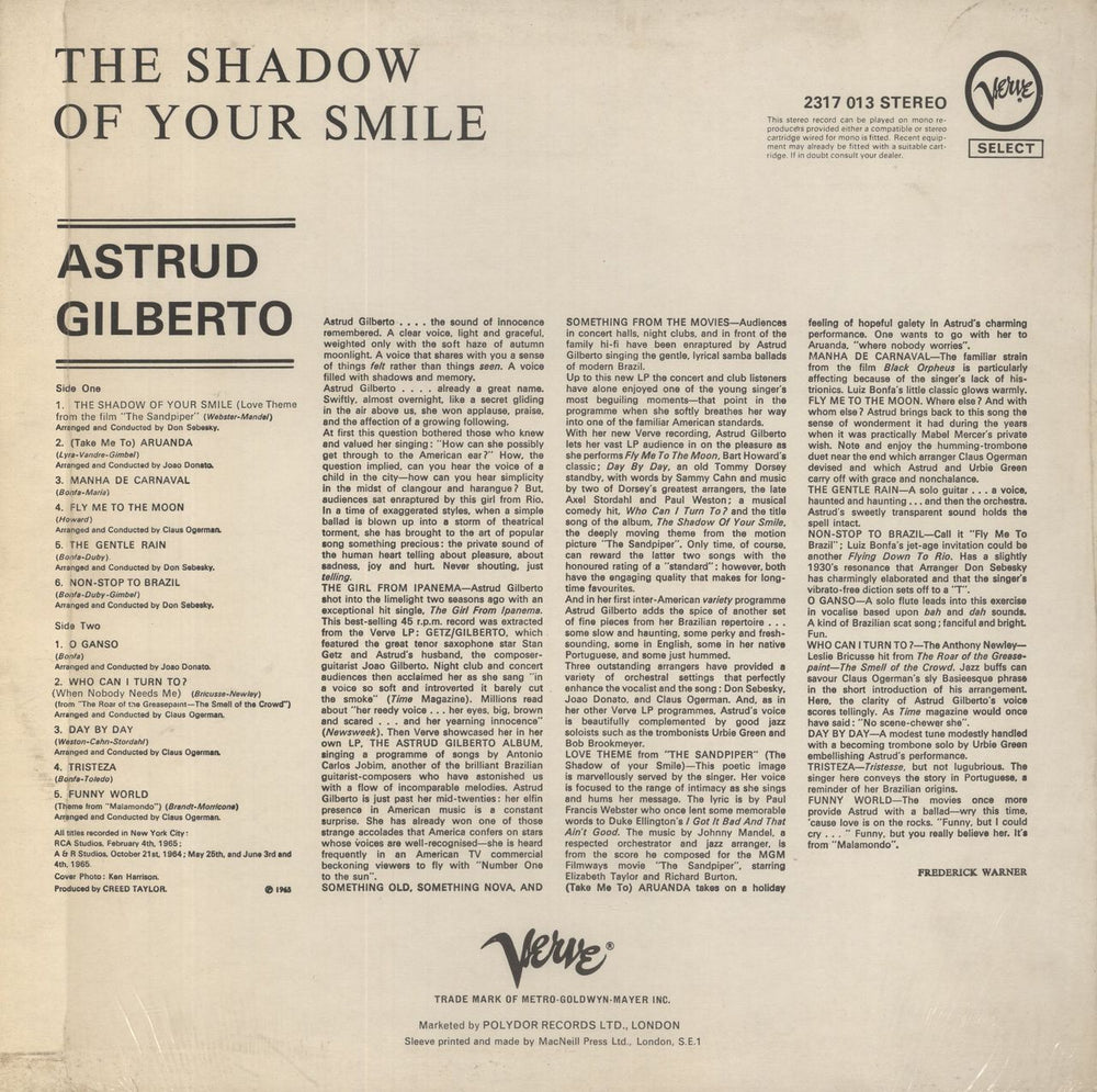 Astrud Gilberto The Shadow Of Your Smile UK vinyl LP album (LP record)