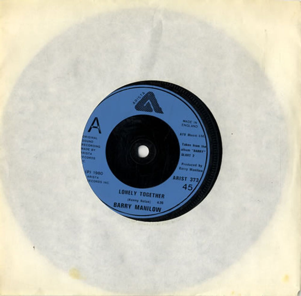 Barry Manilow Lonely Together UK 7" vinyl single (7 inch record / 45) ARIST373