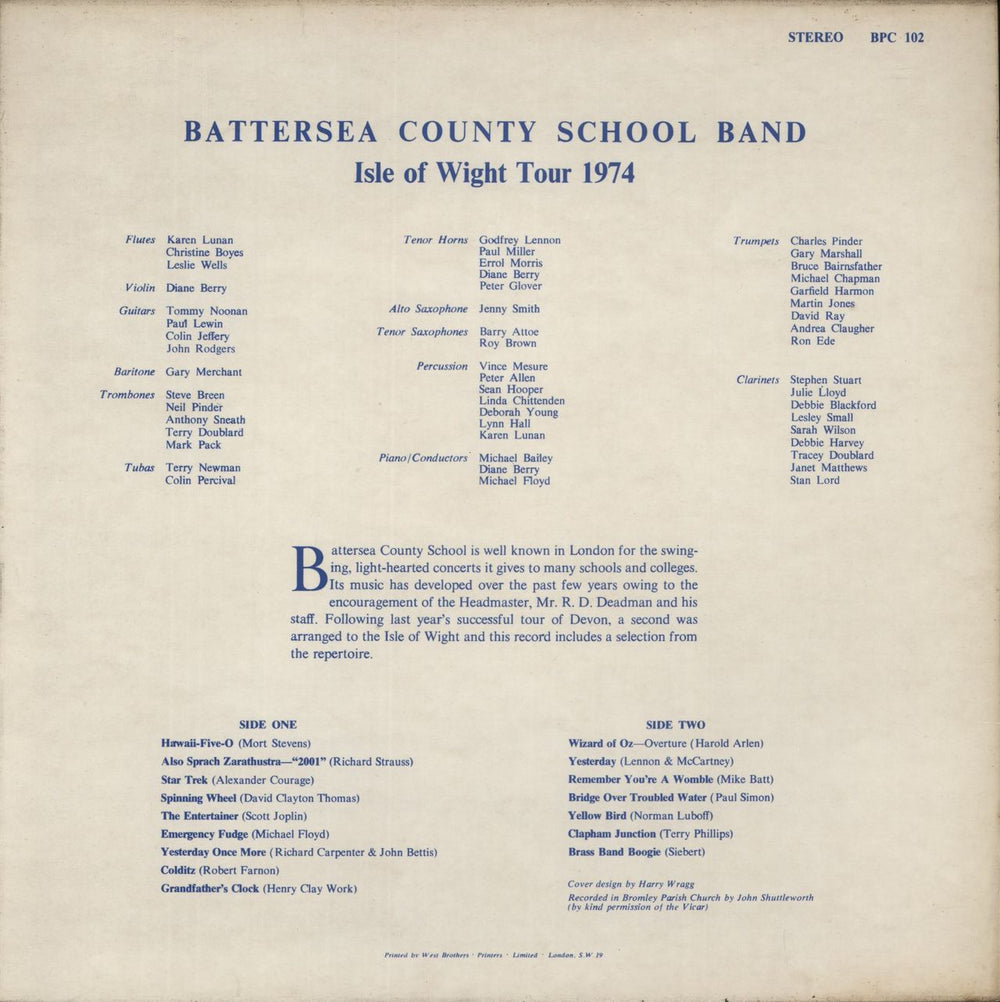 Battersea County School Band Isle Of Wight Tour 1974 UK vinyl LP album (LP record)