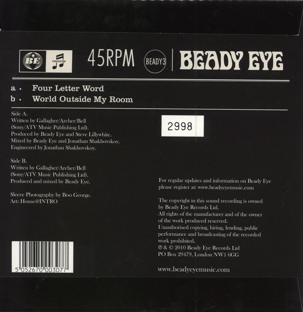 Beady Eye Four Letter Word - Numbered Sleeve UK 7" vinyl single (7 inch record / 45) 5052670003077