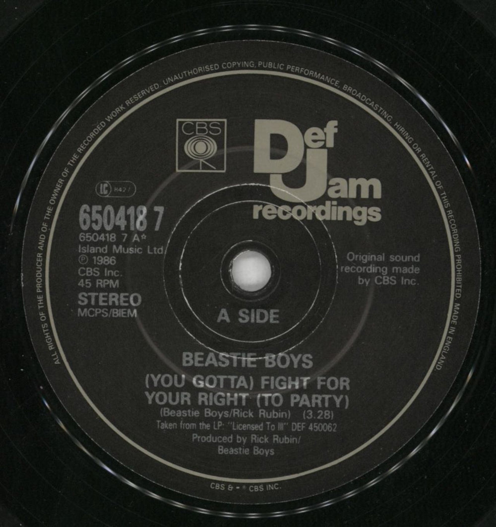 Beastie Boys (You Gotta) Fight For Your Right (To Party) UK 7" vinyl single (7 inch record / 45) BEA07YO35672