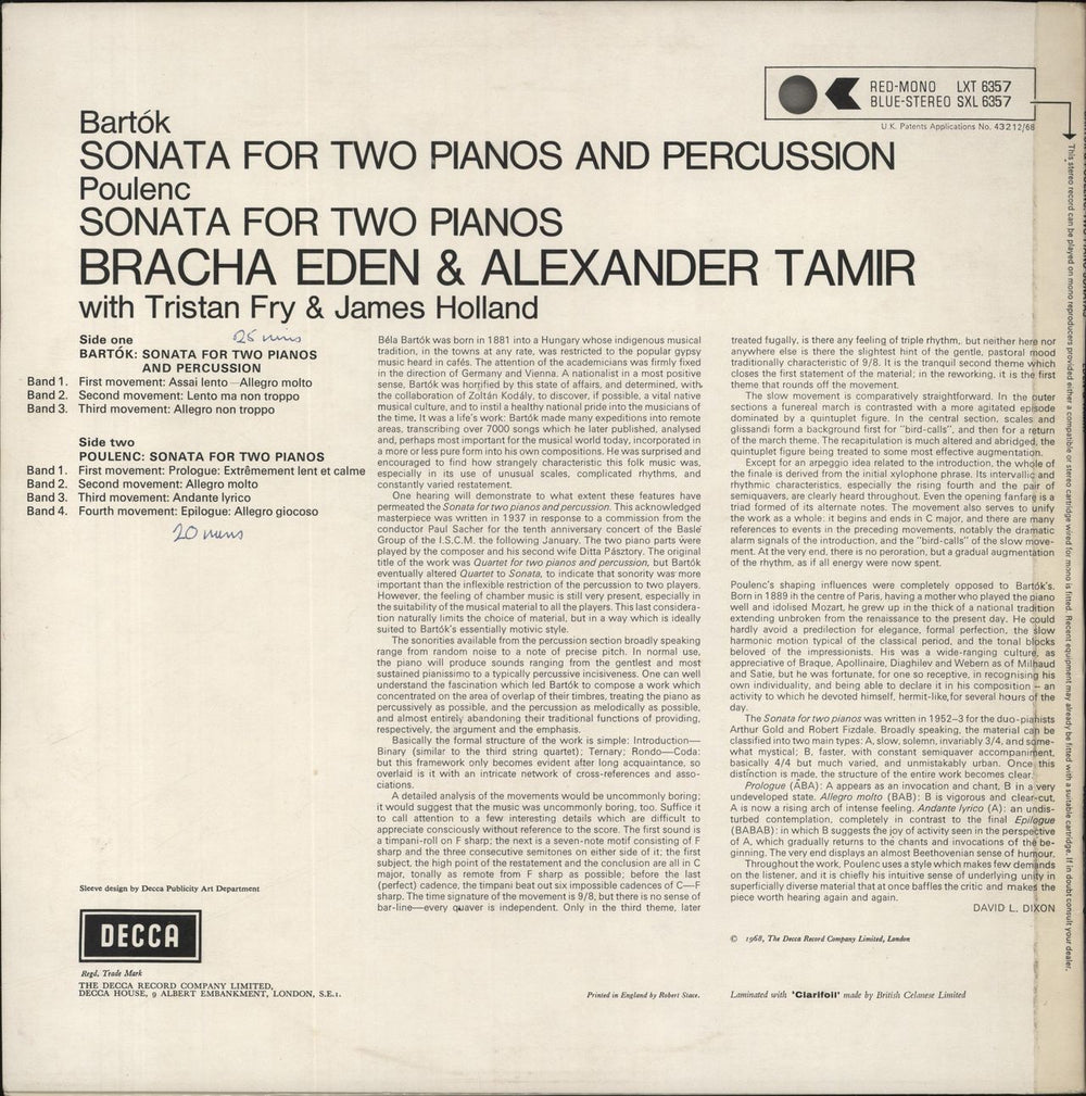 Béla Bartók Sonata For Two Pianos And Percussion / Sonata For Two Pianos UK vinyl LP album (LP record)