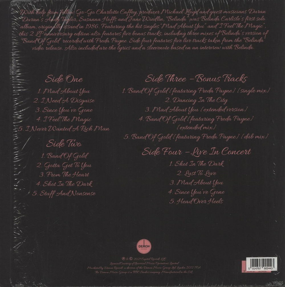 Belinda Carlisle Belinda: 35th Anniversary - 180g Pink Vinyl UK 2-LP vinyl record set (Double LP Album) 5014797905443