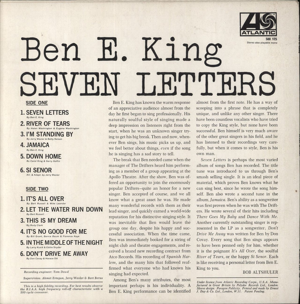 Ben E. King Seven Letters UK vinyl LP album (LP record)