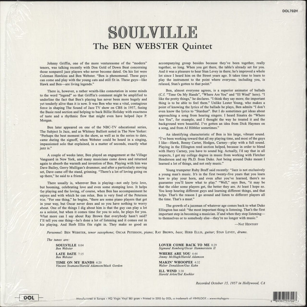 Ben Webster Soulville - 180gm Vinyl - EX UK vinyl LP album (LP record) 889397557027