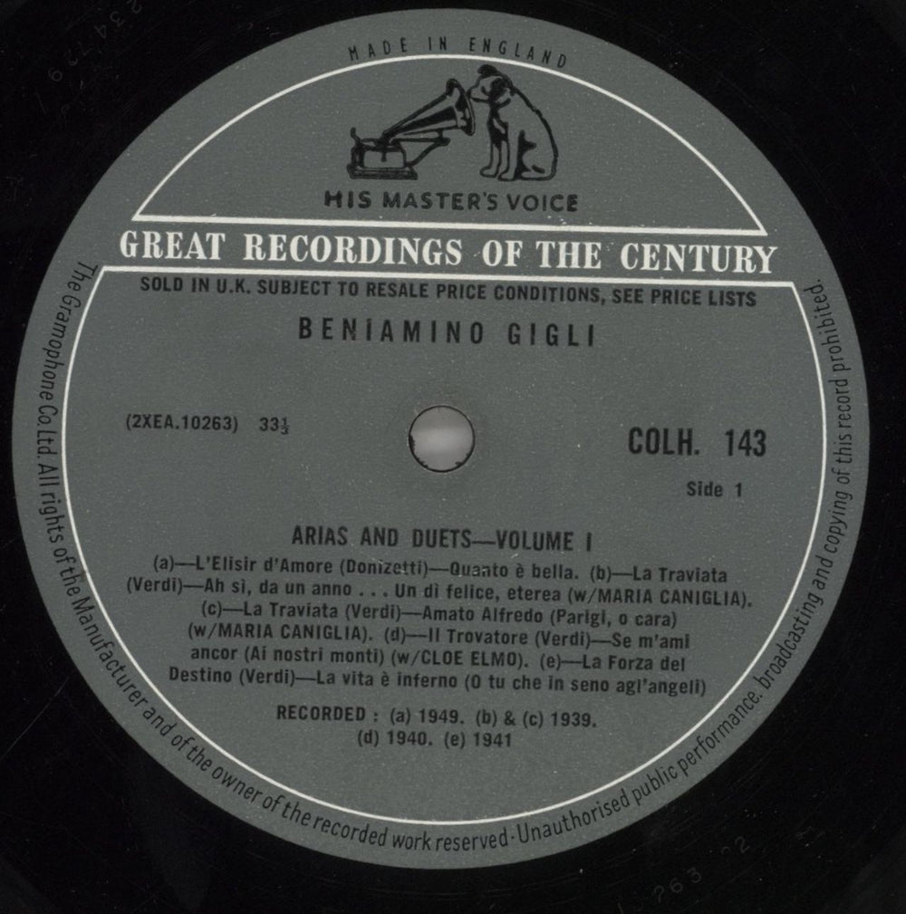Beniamino Gigli Arias & Duets Volume 1 UK vinyl LP album (LP record) C66LPAR525650