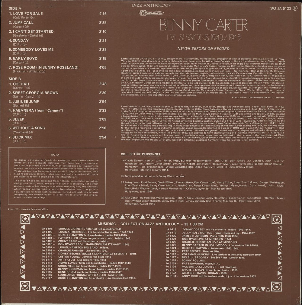 Benny Carter Benny Carter In Hollywood - Live Sessions 1943/1945 French vinyl LP album (LP record)