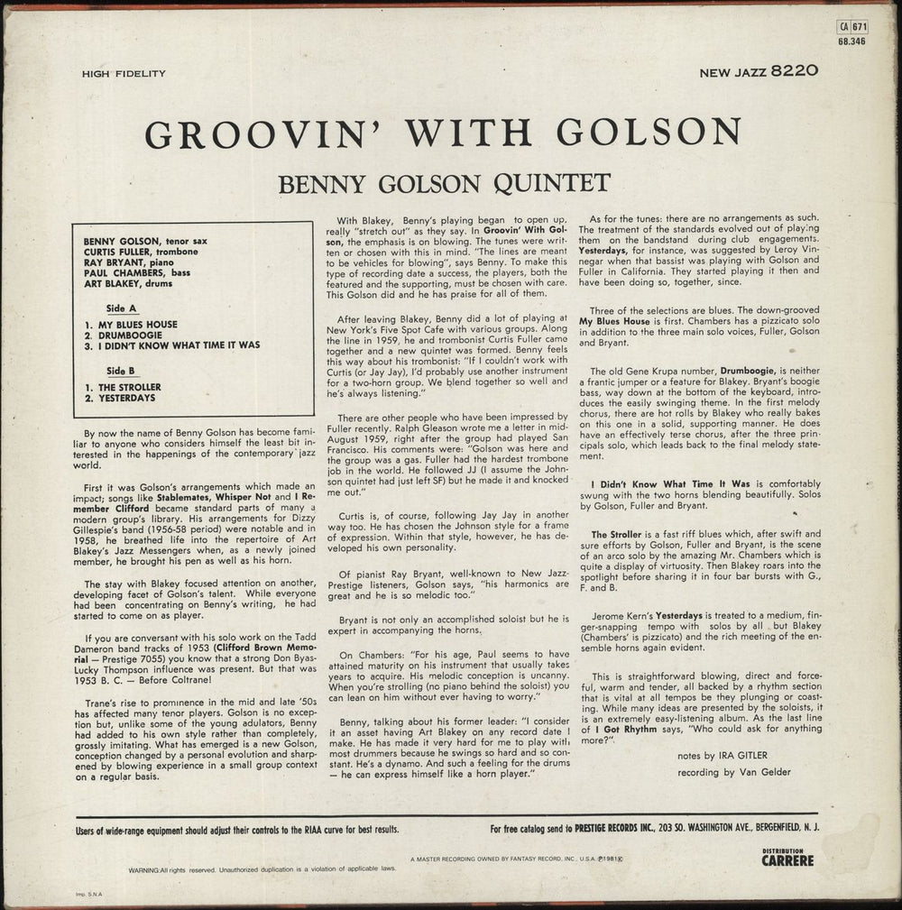 Benny Golson Groovin' With Golson French vinyl LP album (LP record)