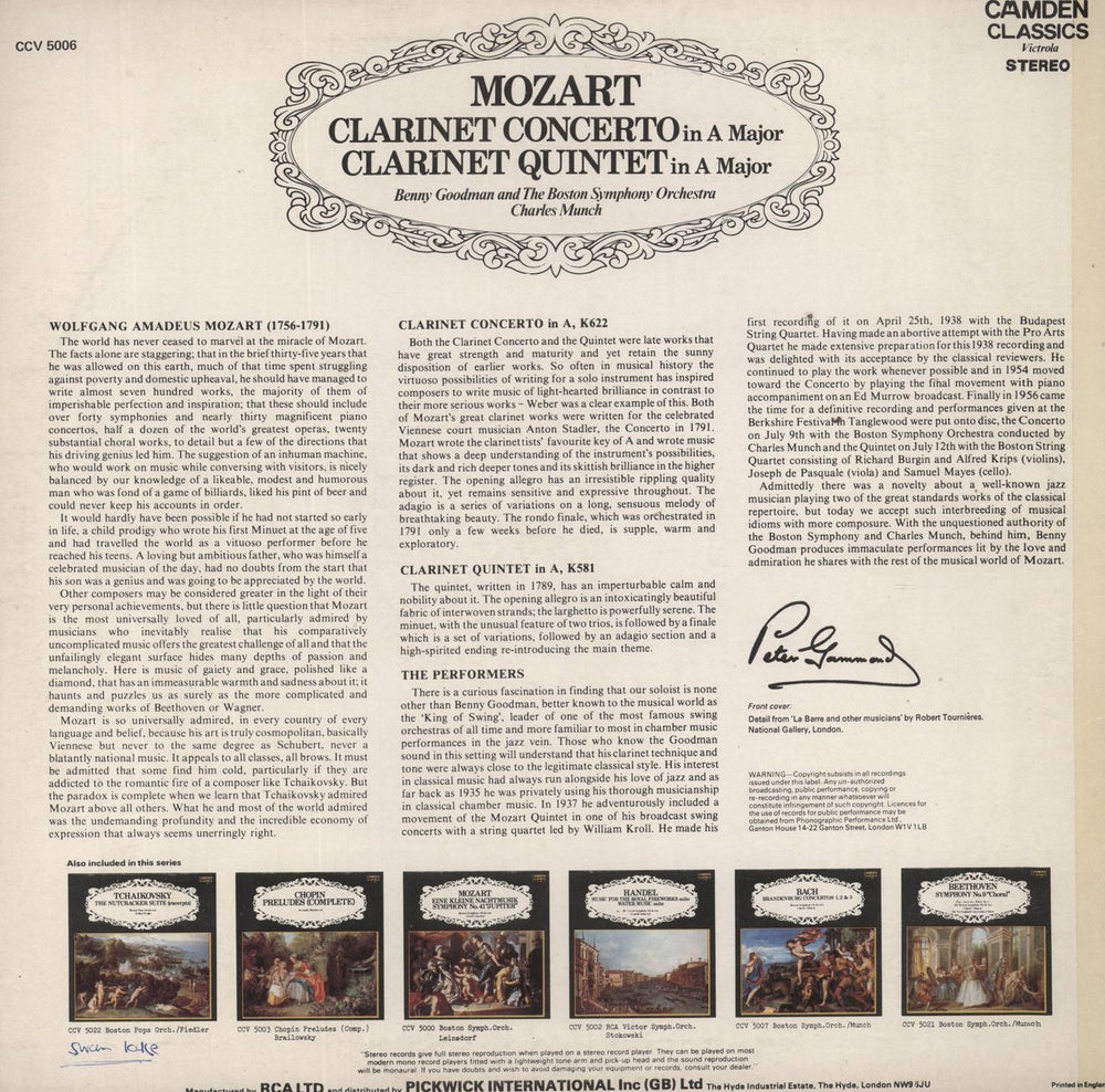 Benny Goodman Mozart: Clarinet Concerto In A Major & Clarinet Quintet In A Major UK vinyl LP album (LP record)