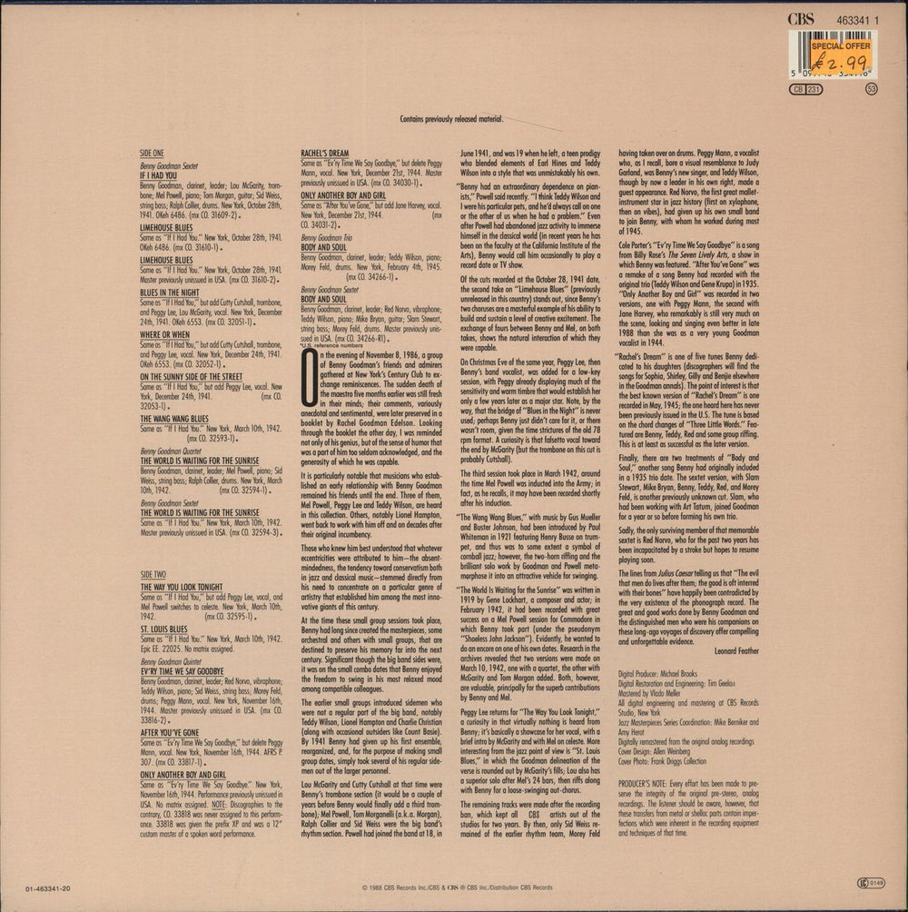 Benny Goodman Small Groups: 1941-1945 Dutch vinyl LP album (LP record) 5099746334116