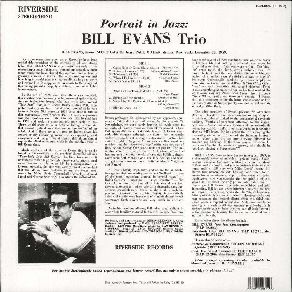 Bill Evans (Piano) Portrait In Jazz US vinyl LP album (LP record) 025218108812