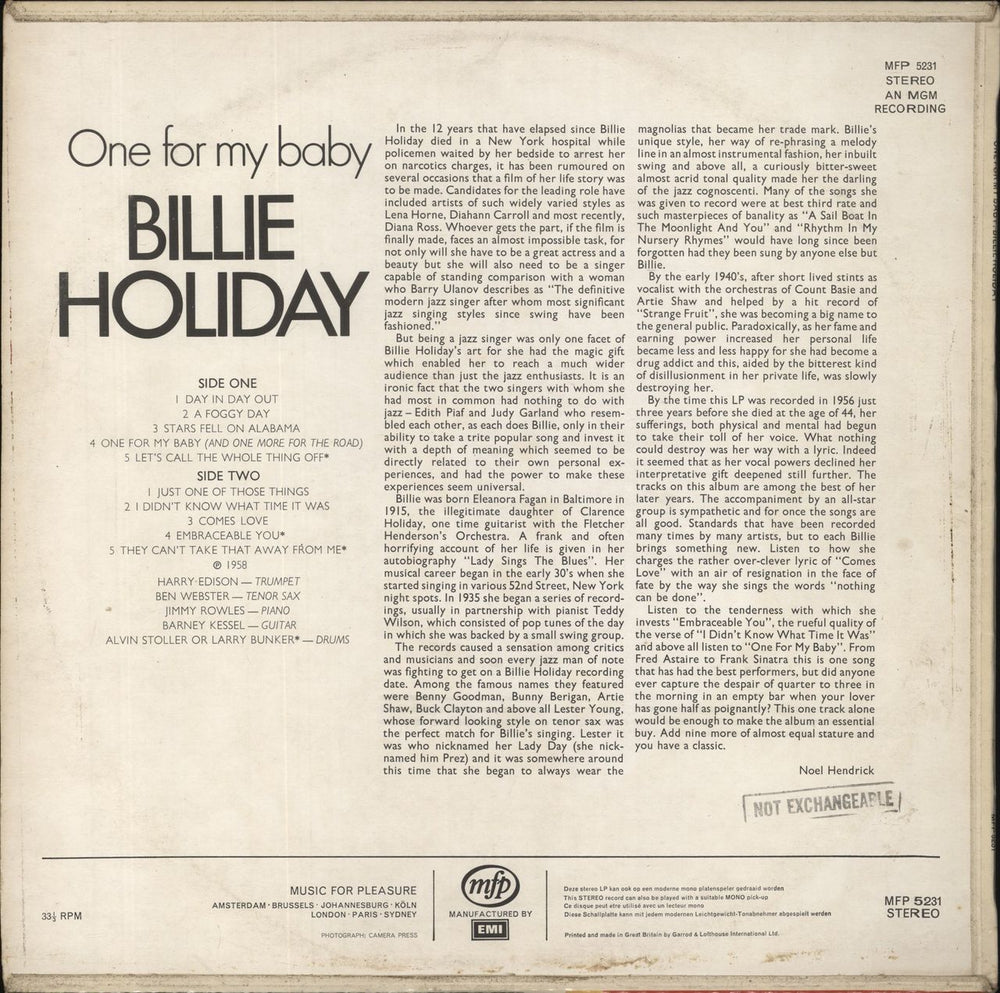 Billie Holiday One For My Baby UK vinyl LP album (LP record)