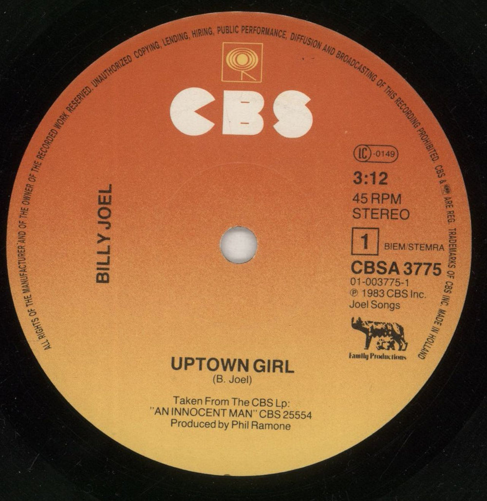 Billy Joel Uptown Girl - Portrait Sleeve UK 7" vinyl single (7 inch record / 45) BLY07UP98320