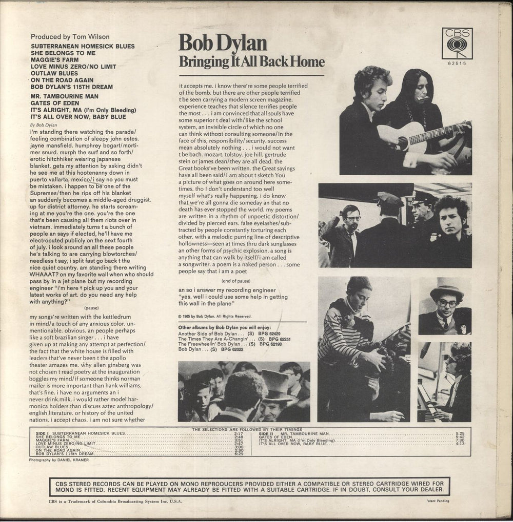Bob Dylan Bringing It All Back Home - 70s smooth - Fr Lam UK vinyl LP album (LP record)