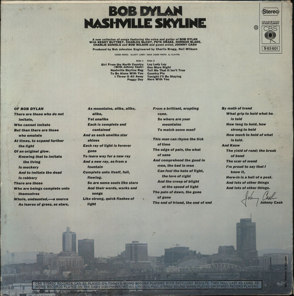 Bob Dylan Nashville Skyline Dutch vinyl LP album (LP record) DYLLPNA340097