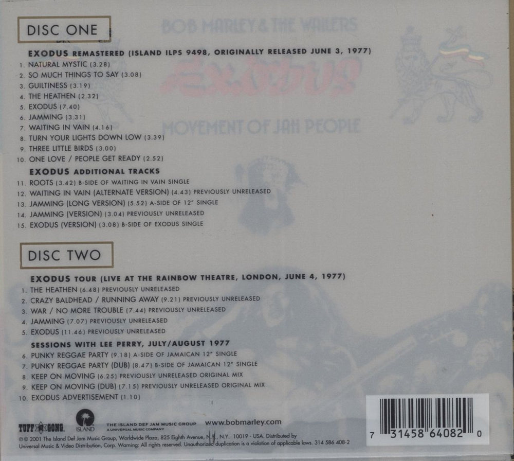 Bob Marley & The Wailers Exodus UK 2 CD album set (Double CD) 731458640820