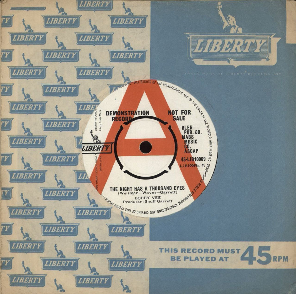 Bobby Vee The Night Has A Thousand Eyes - A Label UK Promo 7" vinyl single (7 inch record / 45) LIB10069