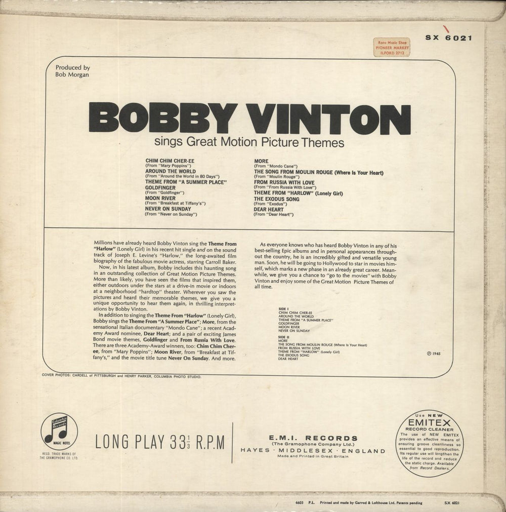 Bobby Vinton Sings Great Motion Picture Themes UK vinyl LP album (LP record)