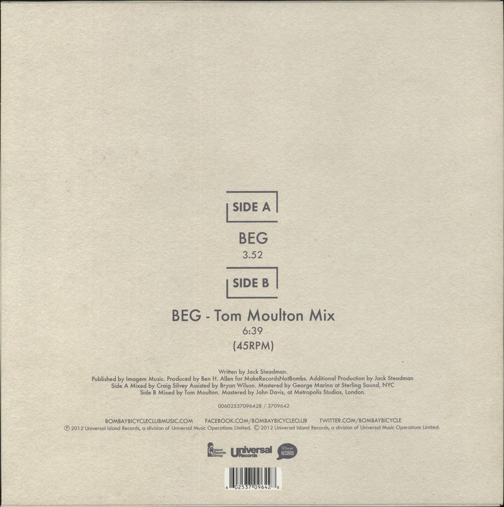 Bombay Bicycle Club Beg UK 12" vinyl single (12 inch record / Maxi-single) 602537096428