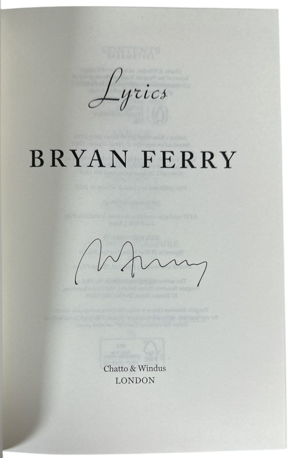 Bryan Ferry Lyrics - Autographed UK book FERBKLY864797
