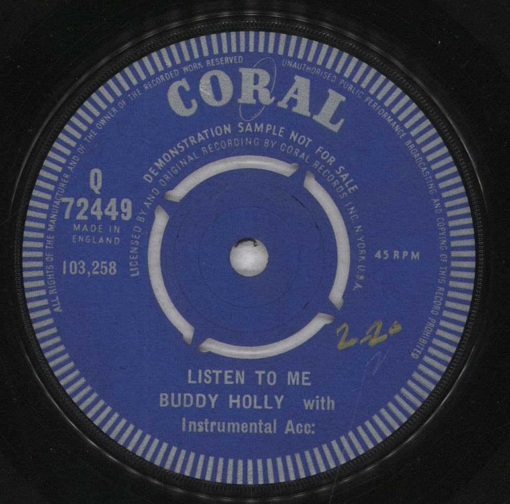 Buddy Holly Listen To Me - A Label UK Promo 7" vinyl single (7 inch record / 45) Q72449