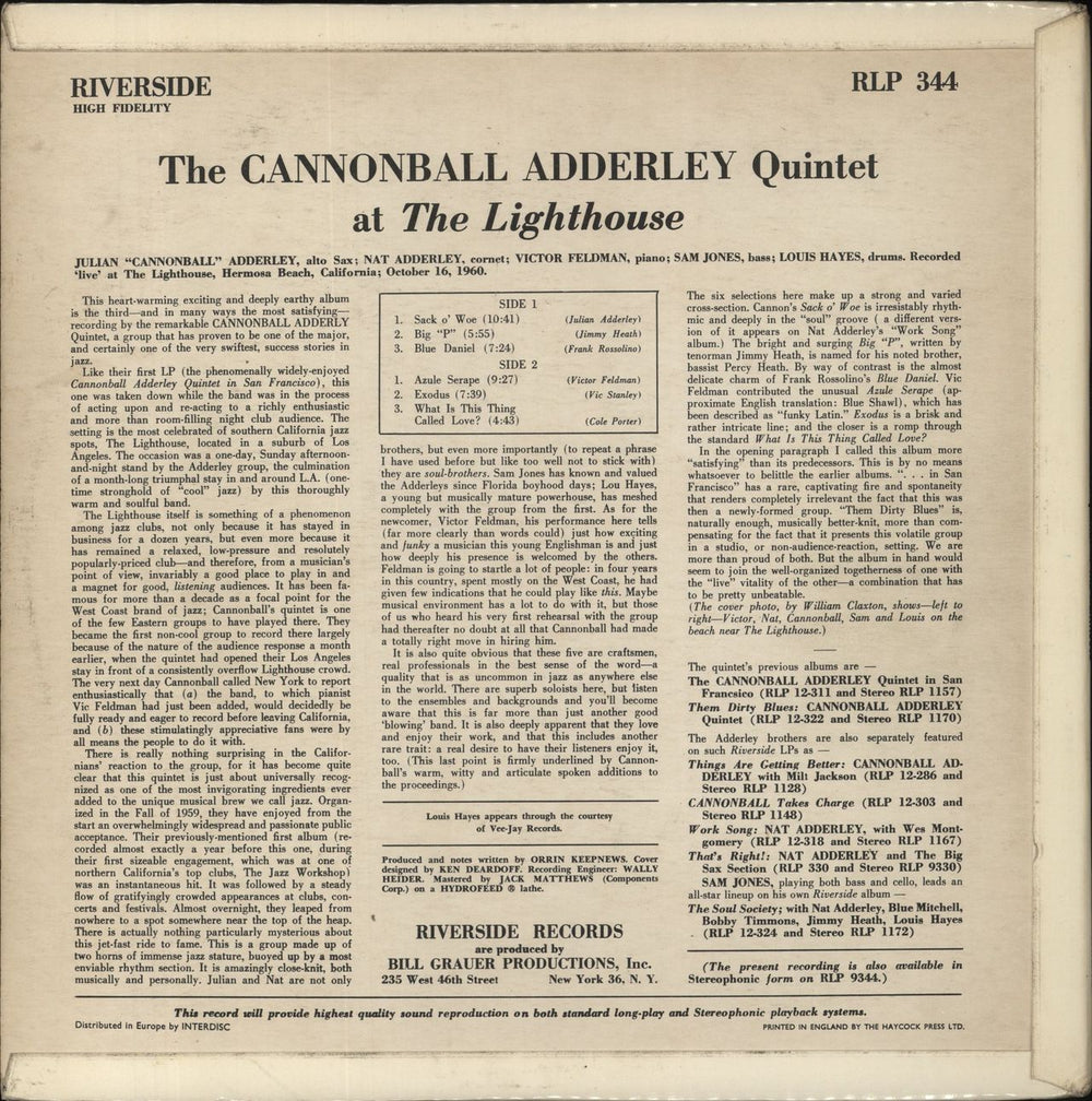 Cannonball Adderley At The Lighthouse UK vinyl LP album (LP record)