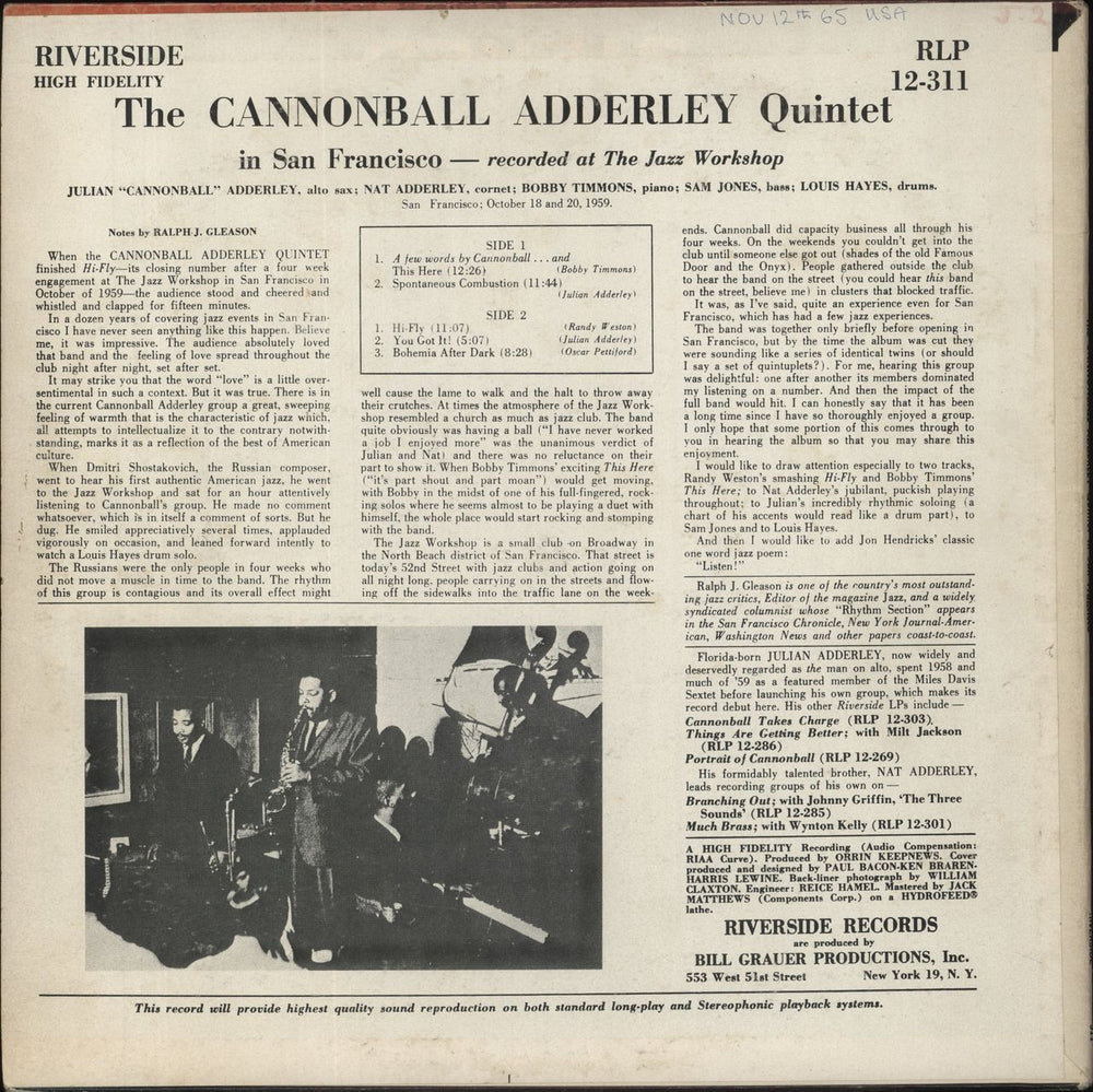 Cannonball Adderley The Cannonball Adderley Quintet In San Francisco Japanese vinyl LP album (LP record)