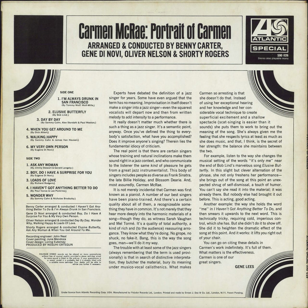 Carmen McRae Portrait Of Carmen UK vinyl LP album (LP record)