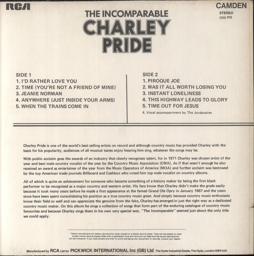 Charley Pride The Incomparable Charley Pride UK vinyl LP album (LP record)