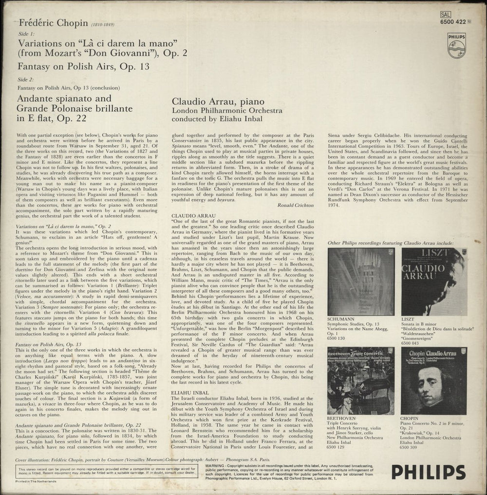 Chopin Variations On "Là Ci Darem," Op. 2 / Fantasy On Polish Airs, Op. 13 / Andante Spianato And Grande Po UK vinyl LP album (LP record)