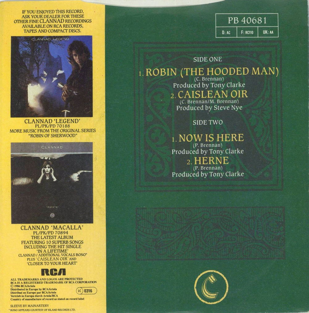 Clannad Robin The Hooded Man UK 7" vinyl single (7 inch record / 45)