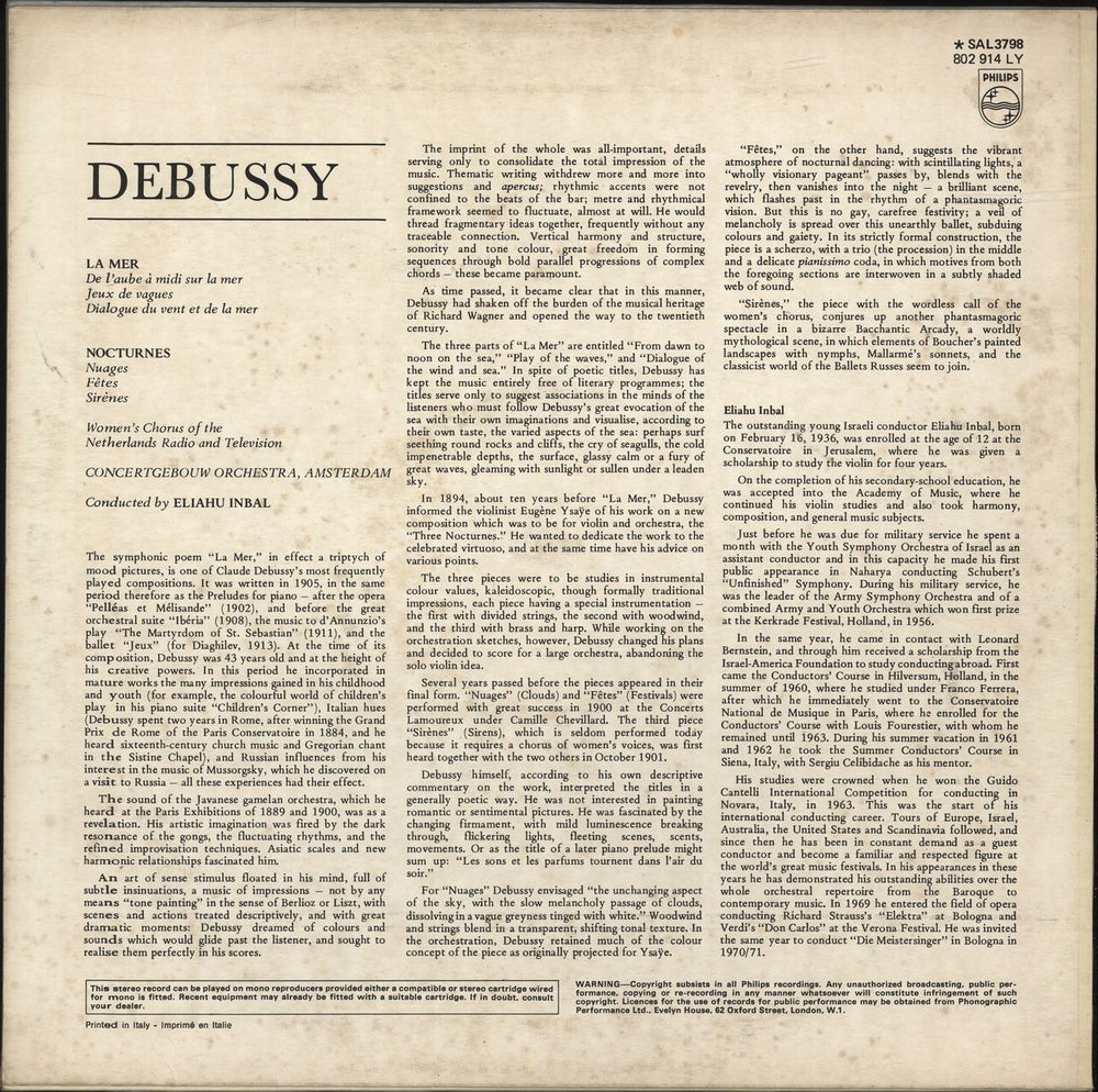 Claude Debussy Debussy: La Mer / Trois Nocturnes Italian vinyl LP album (LP record)