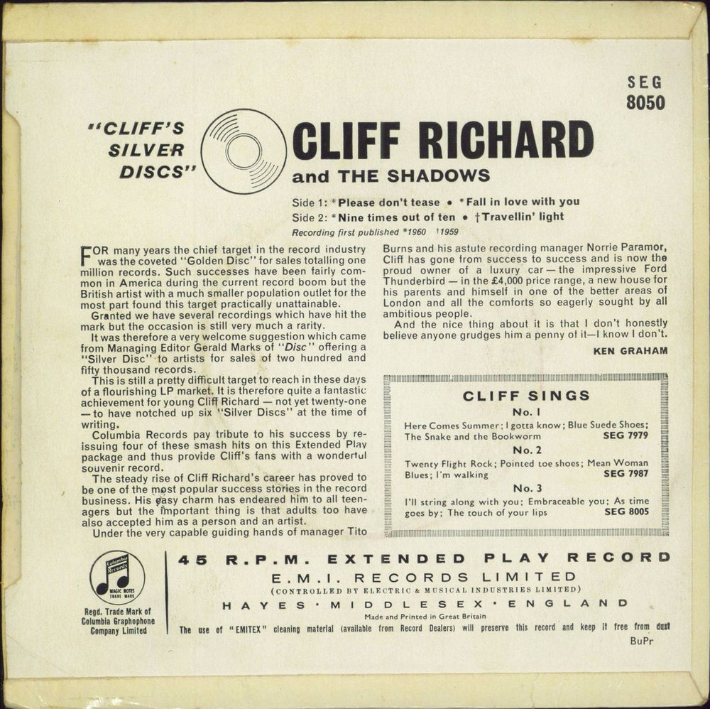 Cliff Richard Cliff's Silver Discs EP - 2nd UK 7" vinyl single (7 inch record / 45)