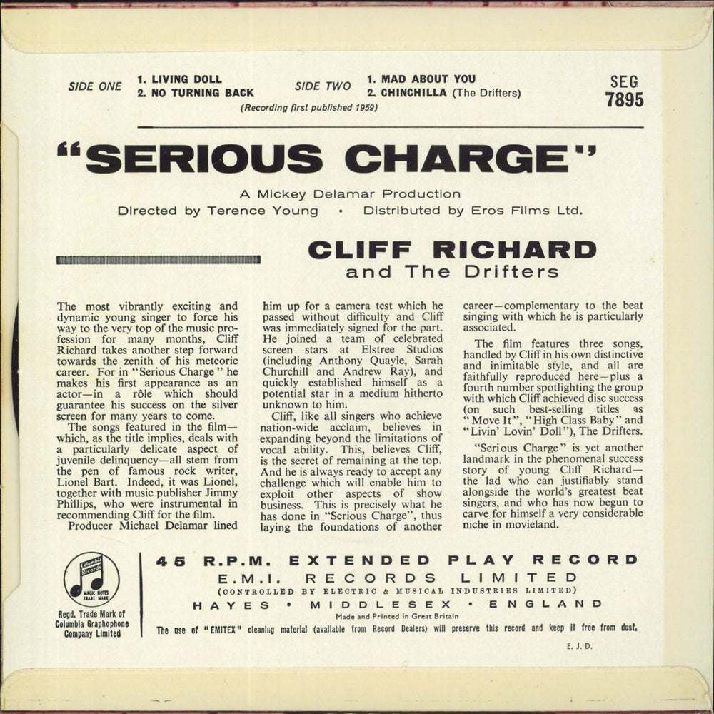 Cliff Richard Serious Charge UK 7" vinyl single (7 inch record / 45)