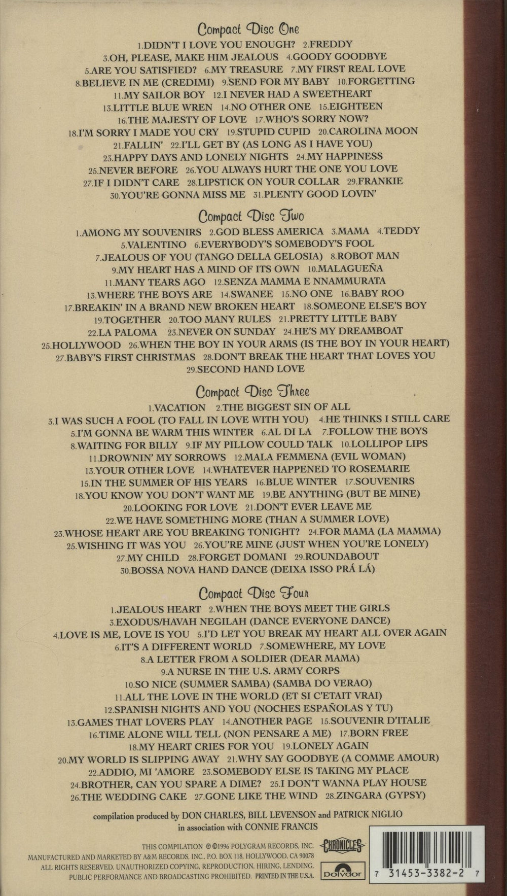 Connie Francis Souvenirs US 4-CD album set CNF4CSO648538