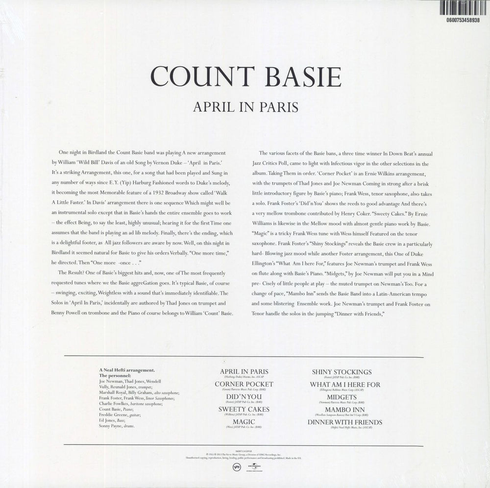 Count Basie April In Paris - 180gm - Sealed UK vinyl LP album (LP record) 600753458938