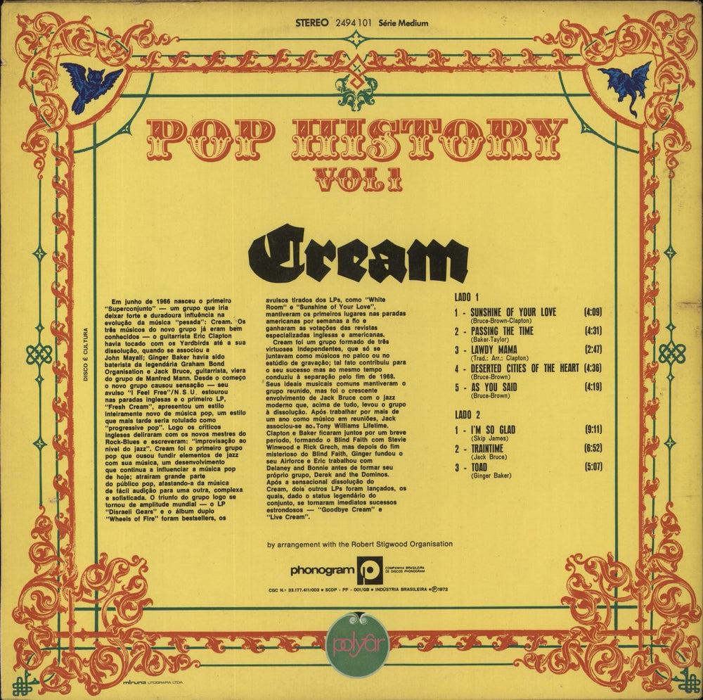 Cream Pop History Vol 1 Brazilian Promo vinyl LP album (LP record)