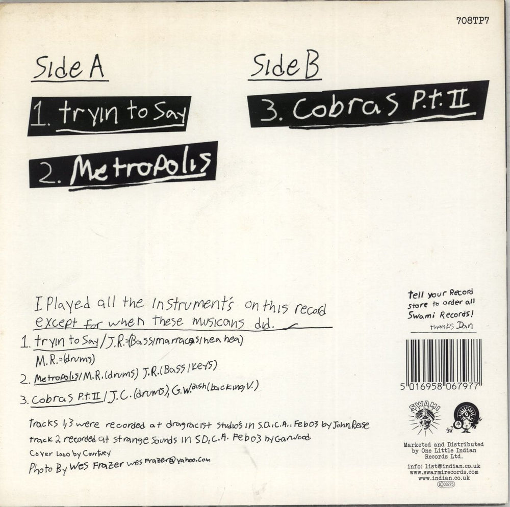 Dan Sartain Tryin To Say UK 7" vinyl single (7 inch record / 45) DN507TR870256