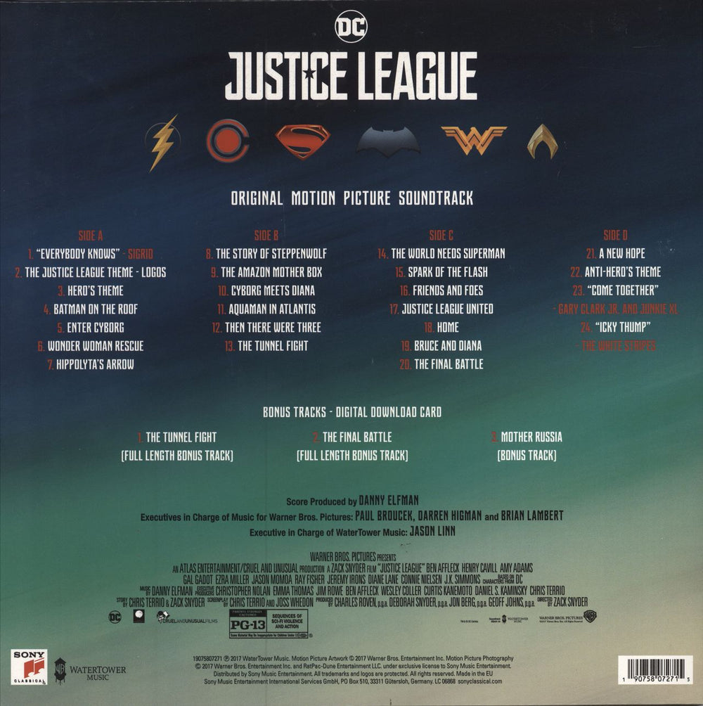 Danny Elfman Justice League - Black & Blue Marble Vinyl UK 2-LP vinyl record set (Double LP Album)