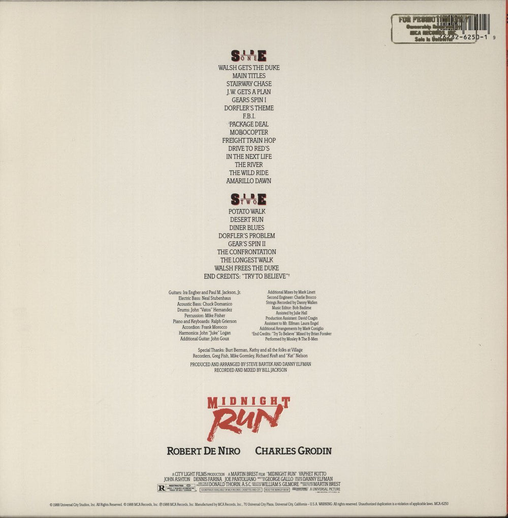 Danny Elfman Midnight Run - OST US Promo vinyl LP album (LP record)