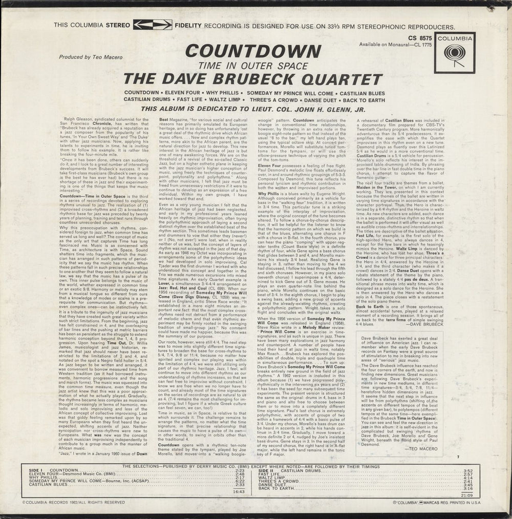 Dave Brubeck Countdown: Time In Outer Space US vinyl LP album (LP record)