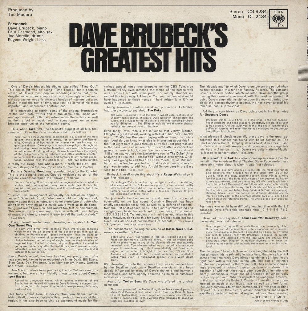 Dave Brubeck Greatest Hits - 1st US vinyl LP album (LP record)
