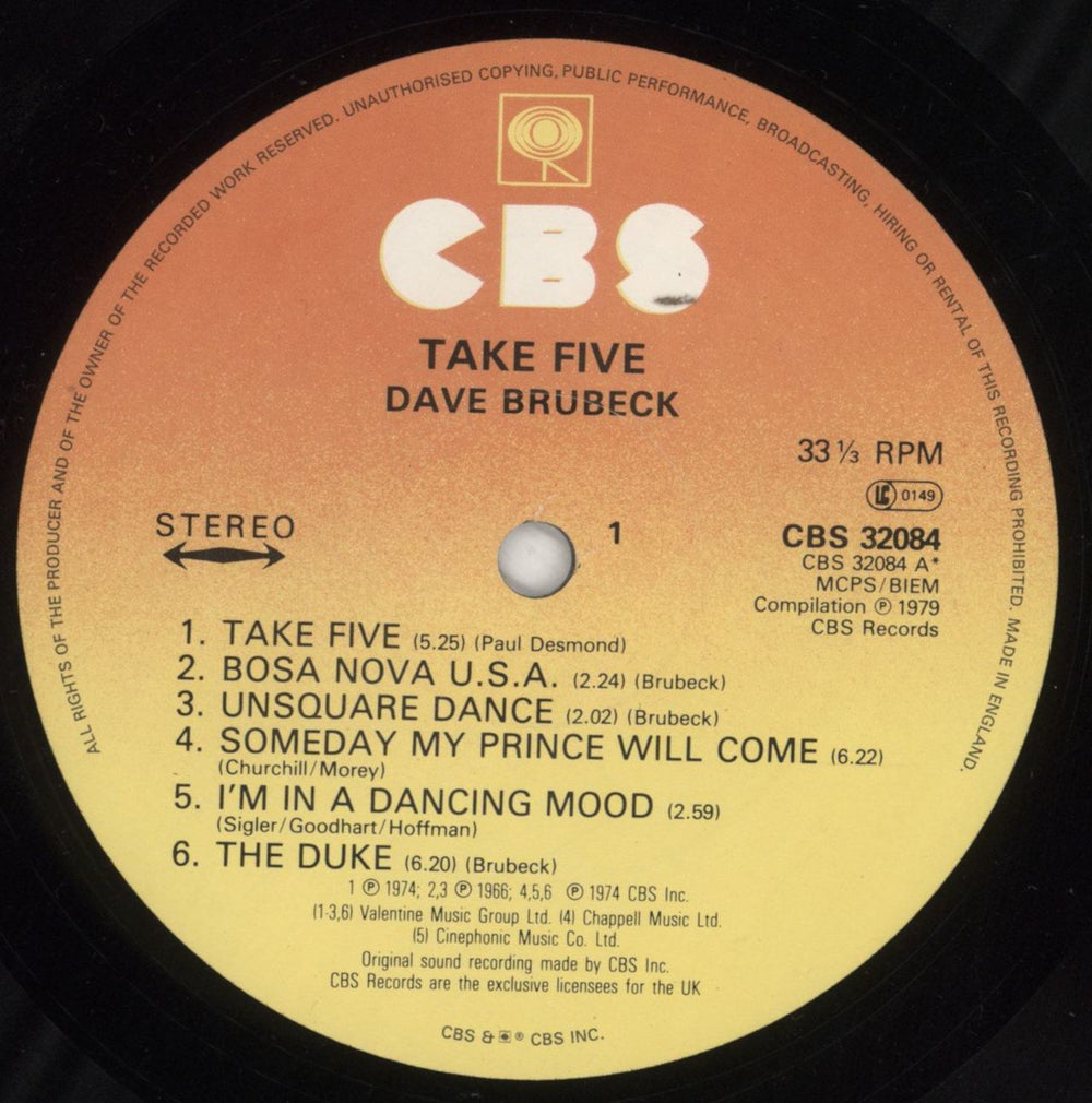 Dave Brubeck Take Five UK vinyl LP album (LP record) DBRLPTA765724